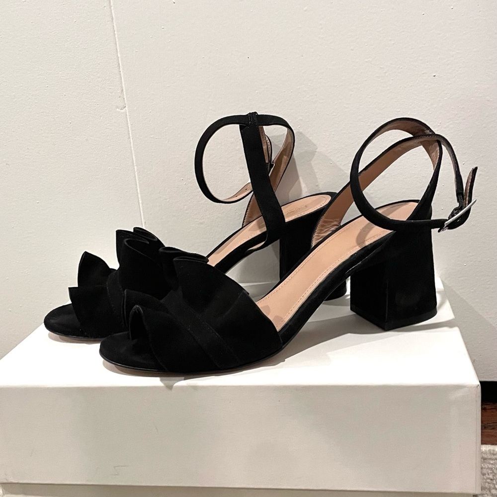 Lewit Lucina Suede Ruffle Open Toe Heeled Sandal